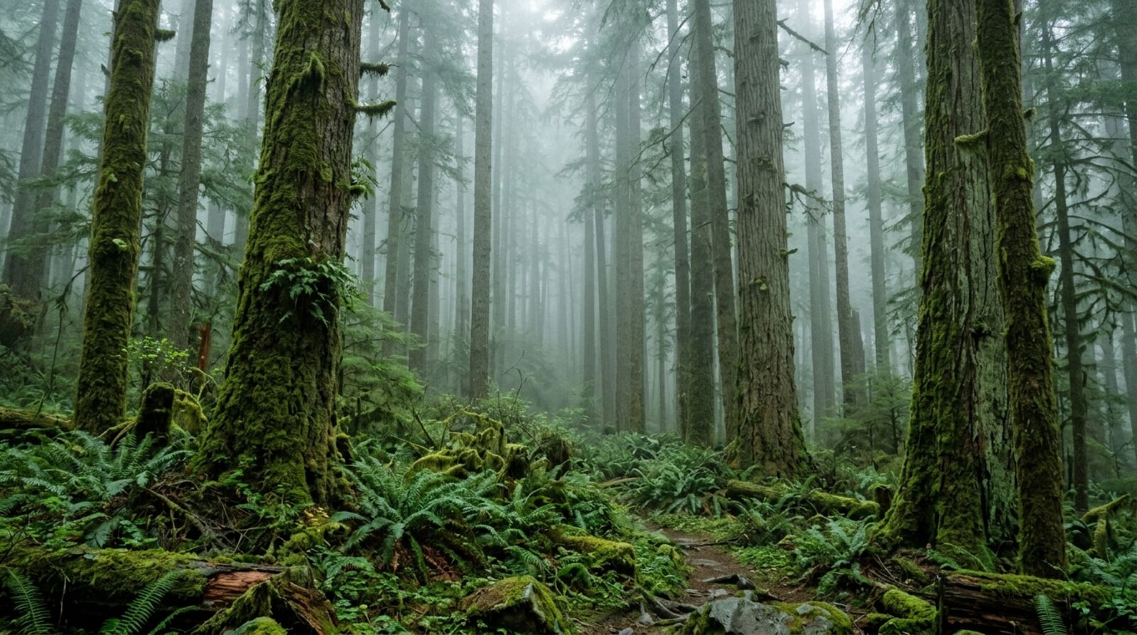 Tall moss-covered trees in a foggy forest