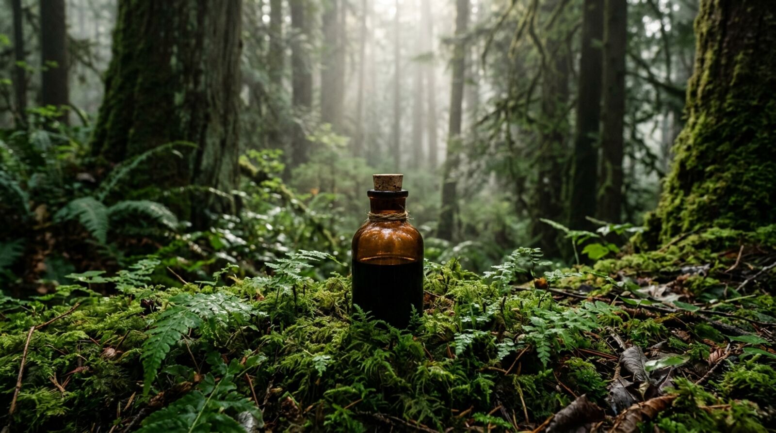 An amber glass bottle of black ink on moss in a misty forest